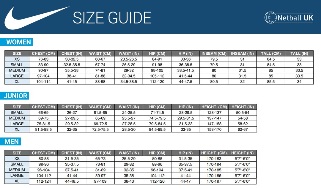 Netball UK | Size Guides | Mizuno | Asics | Nike | Gilbert