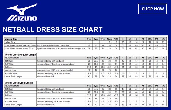 Mizuno Netball Dress Size Chart